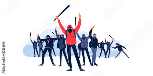 Hooligans with a bat and a Molotov cocktail attack and fight during riots on the street city. Protesters throw stones and smoke bombs at police officers. Flat vector illustration
