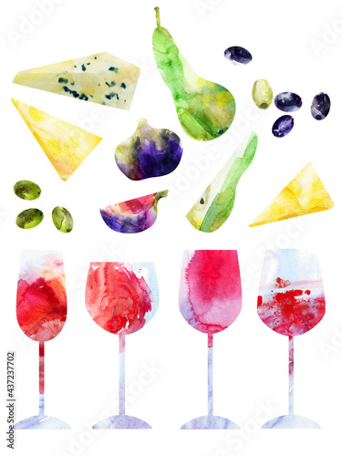Fotografi Watercolor abstract red wine glasses, and snack illustration