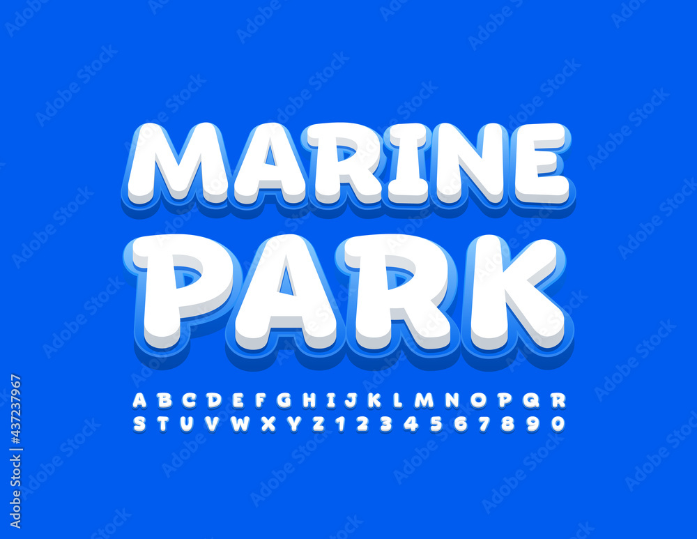Vector modern banner Marine Park. Playful bright Font. Creative Alphabet Letters and Numbers set