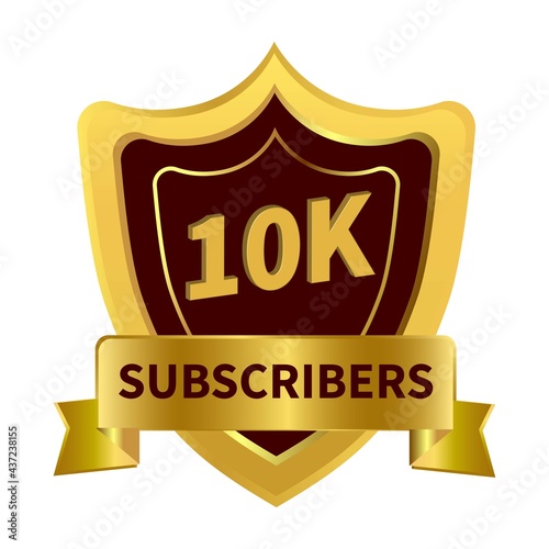 Luxury 10K Subscribers badge with golden ribbon and dark color shade vector illustration on a white background, 10K subscriber celebration with golden gradient subscriber badge.