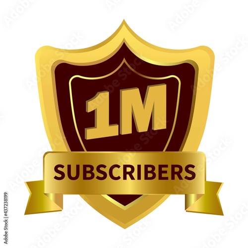 Stylish 1 million Subscribers badge with golden ribbon and dark color shade vector illustration on a white background, 1 million subscriber celebration with golden subscriber badge.