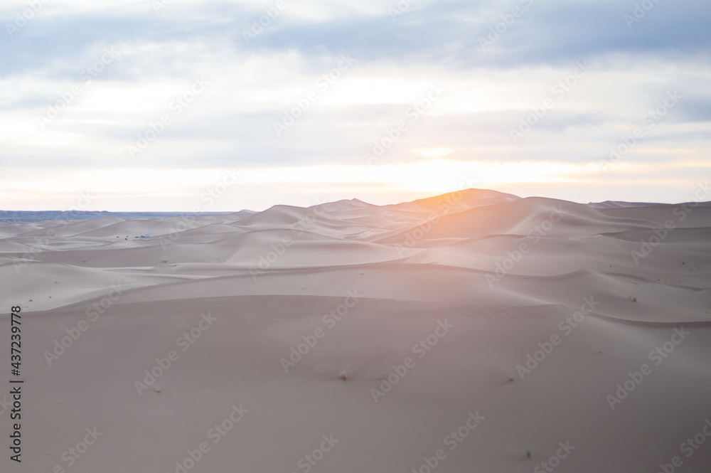 endless expanses of the Sahara huge sand dunes at dawn of sunrise 