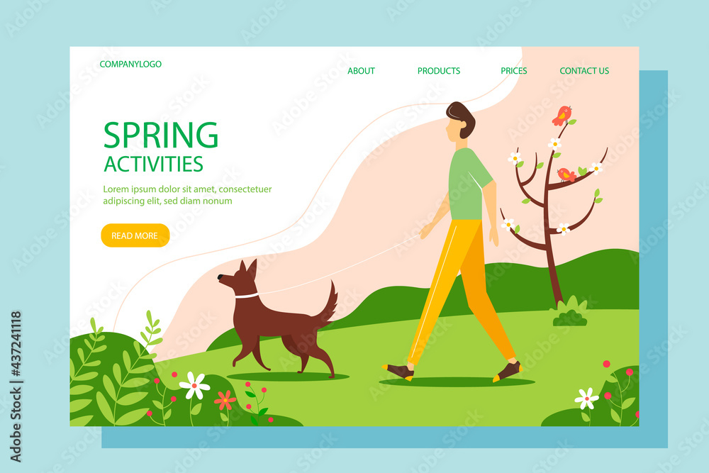 Man walking with the dog in the park. Landing page template. Spring illustration in flat style.