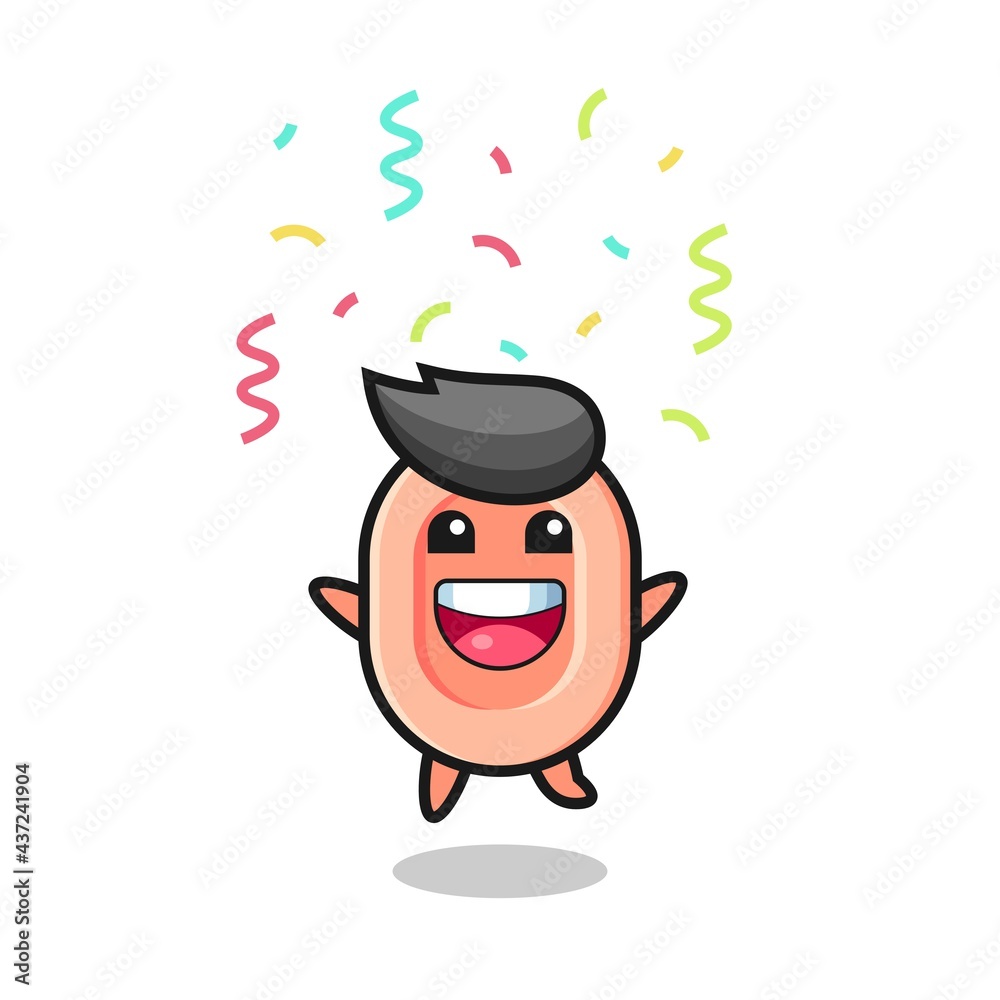 happy soap mascot jumping for congratulation with colour confetti happy soap mascot jumping for congratulation with colour confetti