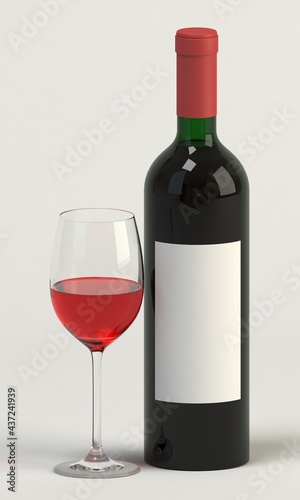 Wine bottle with blank label and glass 3d render on white background