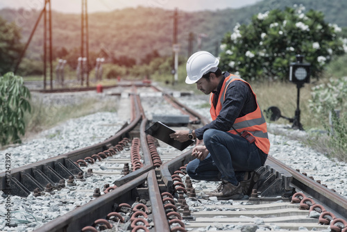 engineer sitting on railway inspection. construction worker on railways. Engineer work on railway. rail  engineer  Infrastructure.