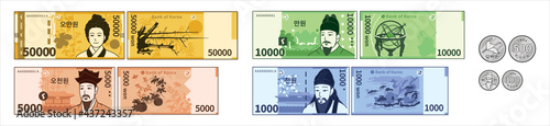 Korean currency, vector collection of coins and banknotes of the South Korean won