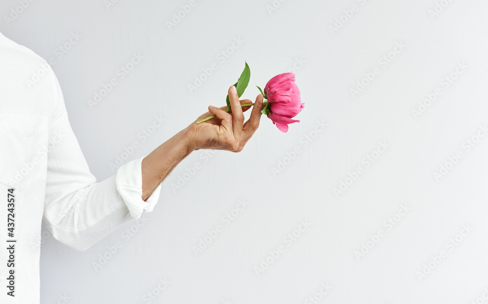Horizontal view of man's hand holding a pink peony in hand as a gift for Valentine's day, proposal, or wedding day. Male in white shirt carrying a flower in the hand on the grey wall with copy space.