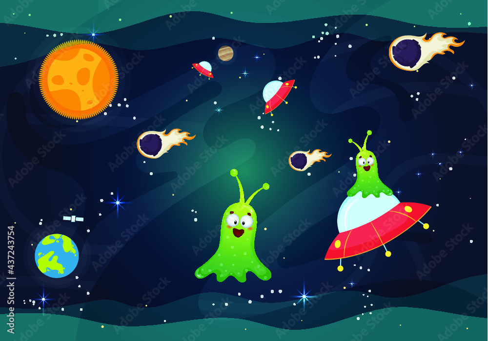 Vector Illustration Of Space. Space flat vector background with space ship, sun, alien, planets and stars.