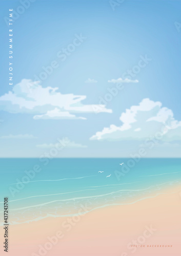 Vector beautiful realistic illustration of sandy summer beach. Summer holidays poster or banner design template
