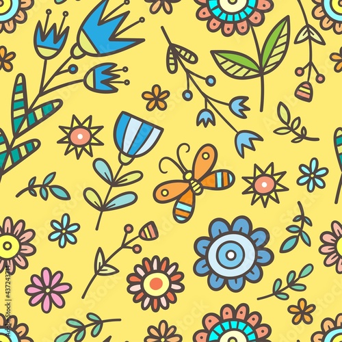 Seamless pattern with different plants and  flowers on yellow background. Vector print with herbs. Botanical doodle wallpaper.