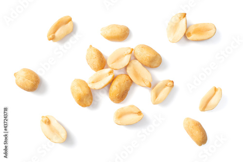 close up of roasted peanuts isolated on white background, top view photo