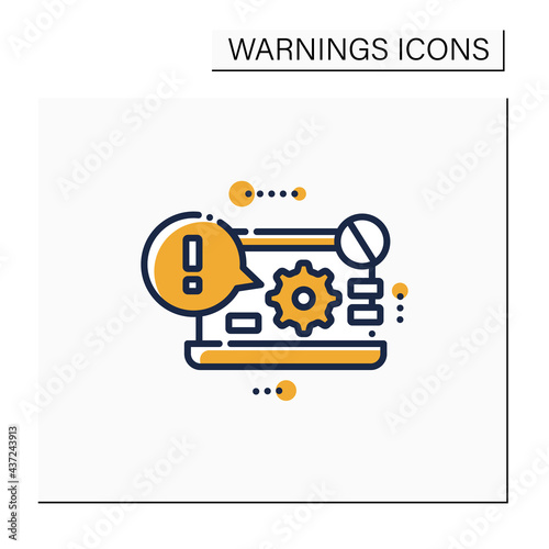 Laptop error notification color icon. Cant access control panel. Settings error. Computer breakdown. Exclamation pointer. Warnings concept.Isolated vector illustration