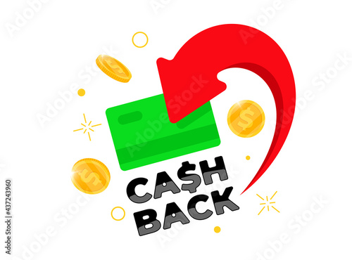 Cashback loyalty program concept. Credit or debit green card with returned coins to bank account. Refund money service design. Bonus cash back symbol vector illustration