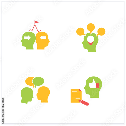 Conflict management flat icons set. Conflict between two persons. Showing respect, feedback, accommodating, competing.Communication concept. Vector illustration