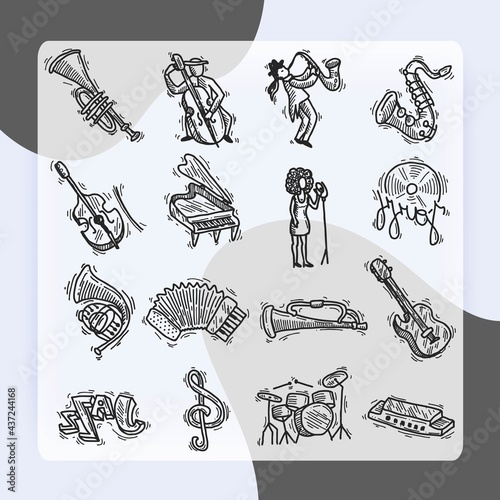 Jazz music club party icons sketch set with saxophone trumpet singer and double bass isolated vector illustration
