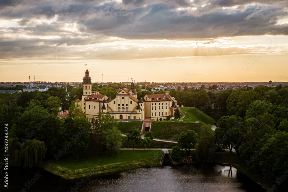 Medieval castle at sunset. Travel in Belarus, Nesvizh.