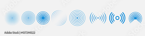 Blue and white rings. Sound wave wallpaper. Radio station signal. Circle spin vector background. Line texture. Target