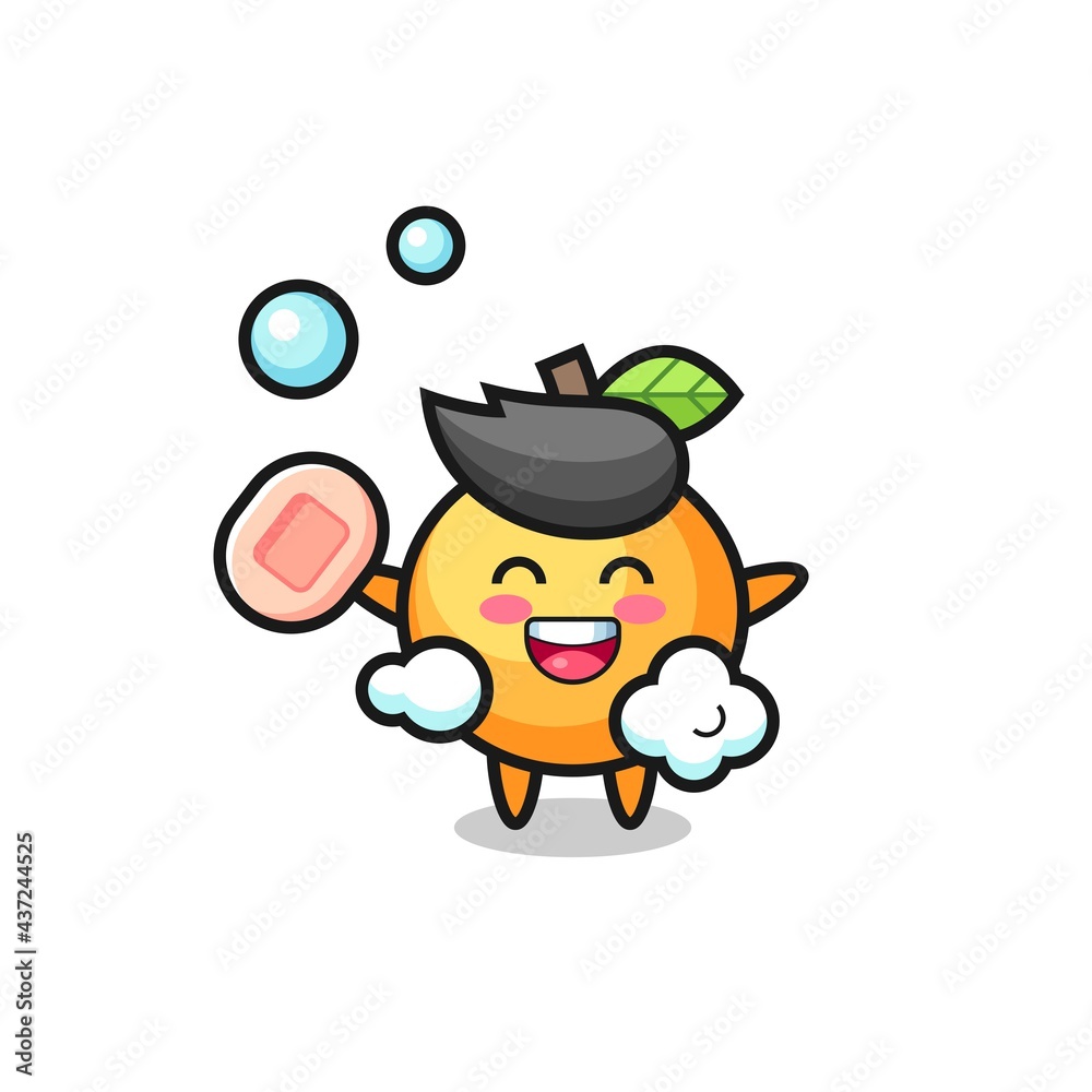 orange fruit character is bathing while holding soap