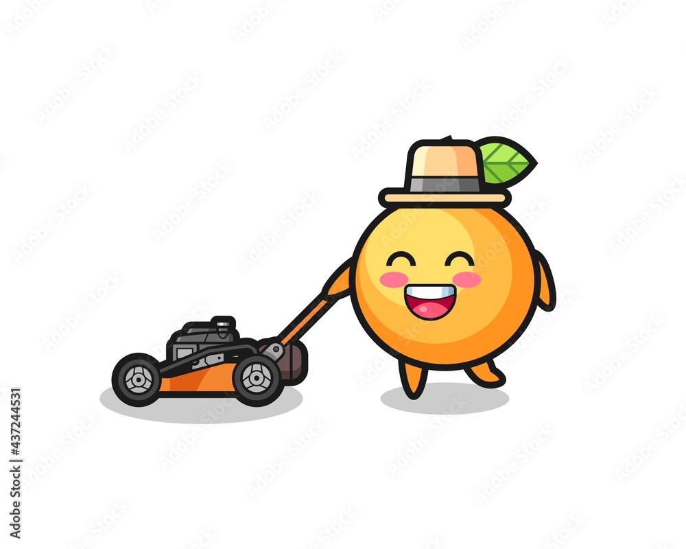 illustration of the orange fruit character using lawn mower illustration of the orange fruit character using lawn mower