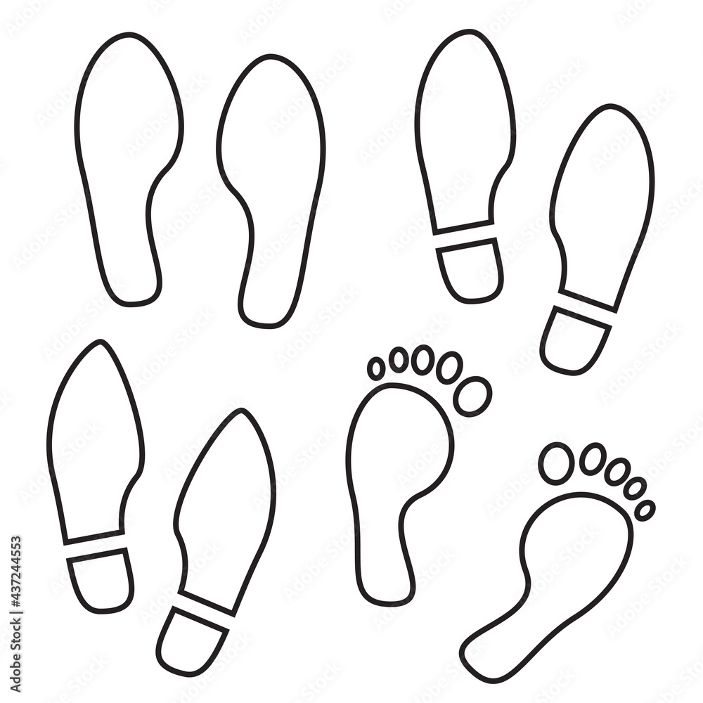 Human footprints icon set, black line isolated on white background, vector illustration.