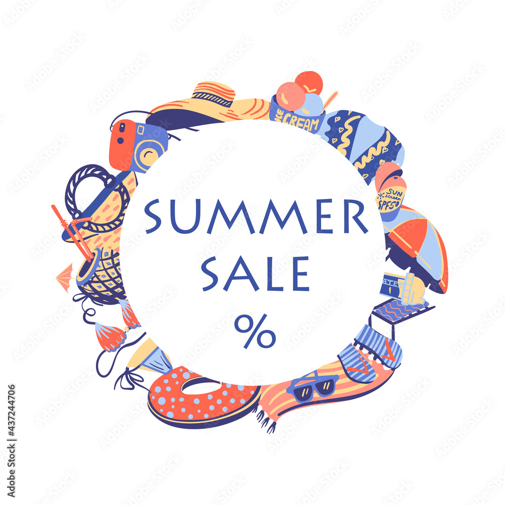 Vector summertime handdrawn summer sale banner. Hand drawn vibrant beach related objects white background. Circle composition. Summer discount announcement. Social media sticker. isolated elements.