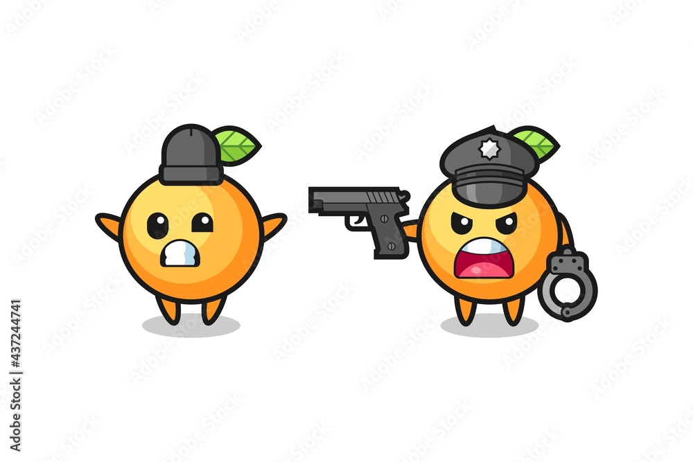 illustration of orange fruit robber with hands up pose caught by police illustration of orange fruit robber with hands up pose caught by police