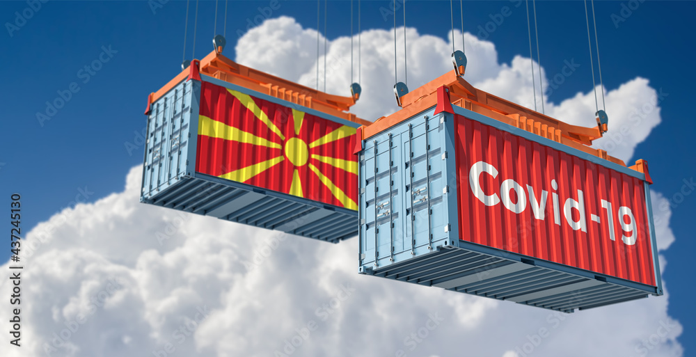 Container with Coronavirus Covid-19 text on the side and container with North Macedonia  Flag. 3D Rendering 