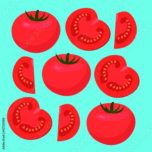 Vector image of a poster with a tomato. Whole and sliced ​​tomatoes