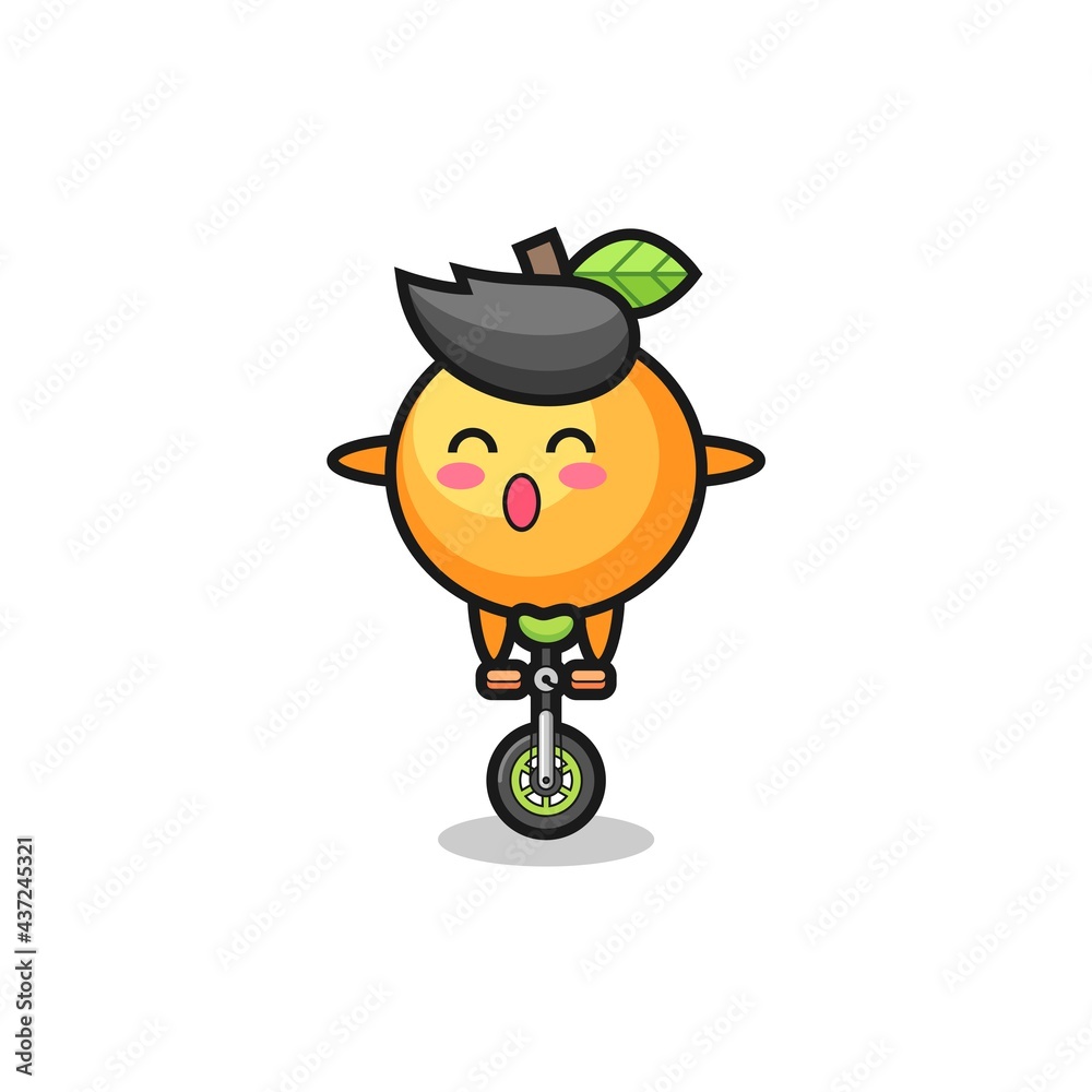 The cute orange fruit character is riding a circus bike The cute orange fruit character is riding a circus bike