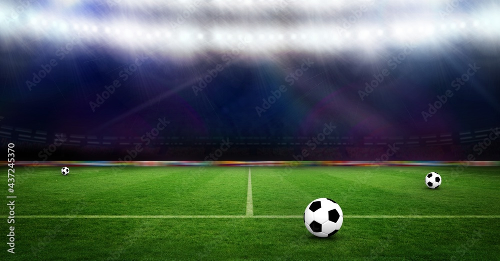 Fototapeta premium Composition of three footballs on football pitch with spotlights in sports stadium