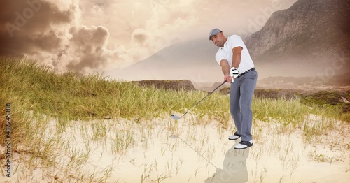 Composition of caucasian man playing golf striking with golf club