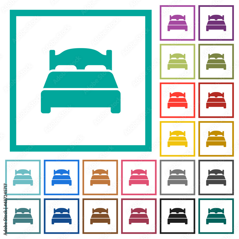 Double bed flat color icons with quadrant frames Double bed flat color icons with quadrant frames