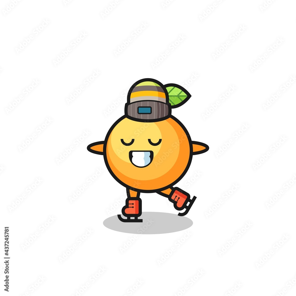 orange fruit cartoon as an ice skating player doing perform