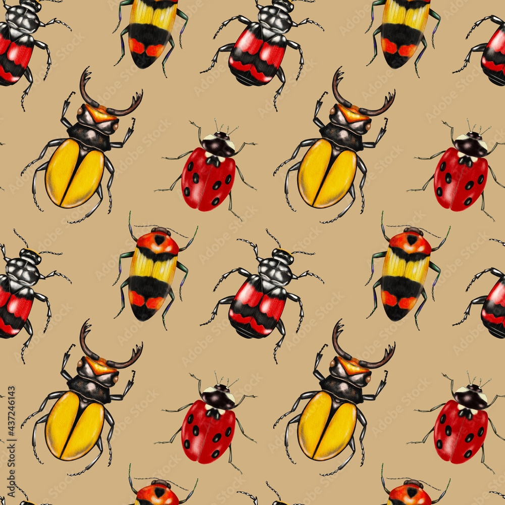 Seamless pattern with colorful bugs, beetles. Hand drawn watercolor insects on beige background. Seamless pattern with colorful bugs, beetles. Hand drawn watercolor insects on beige background.