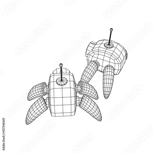 Spider robot with radar antenna. Nanobot, nanotechnology medical concept. Wireframe low poly mesh vector illustration