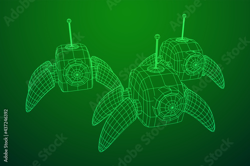Spider robot with radar antenna. Nanobot, nanotechnology medical concept. Wireframe low poly mesh vector illustration
