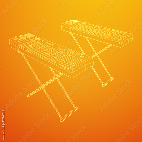 Piano roll analog synthesizer faders buttons knobs. Wireframe low poly mesh vector illustration.