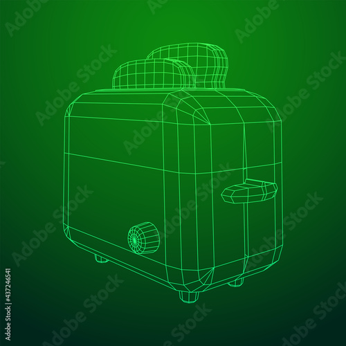 Toaster with two fried pieces of loaf prepared for a breakfast. Wireframe low poly mesh vector illustration.