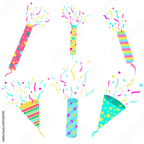 set of festive party firecrackers of different colors, shapes and sizes with patterns and confetti for creating banners, posters and cards, vector illustration, collection isolated on white background
