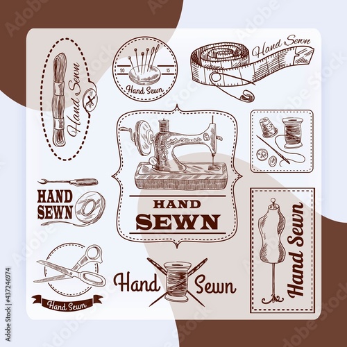 Sewing emblems hand drawn set with tailor and needlework elements isolated vector illustration