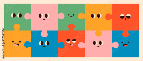 Abstract Puzzles with Faces. Various Emotions. Different colored characters. Cartoon style. Flat design. Hand drawn trendy Vector illustration. Poster or print template