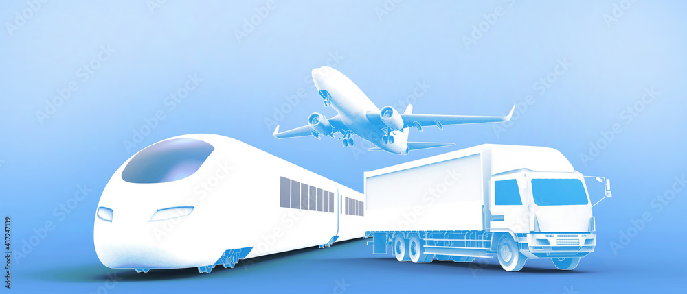 Logistics and transportation industry of truck, plane, train, for logistic Import export and transport industry on Blue background. copy space, banner, website - illustration