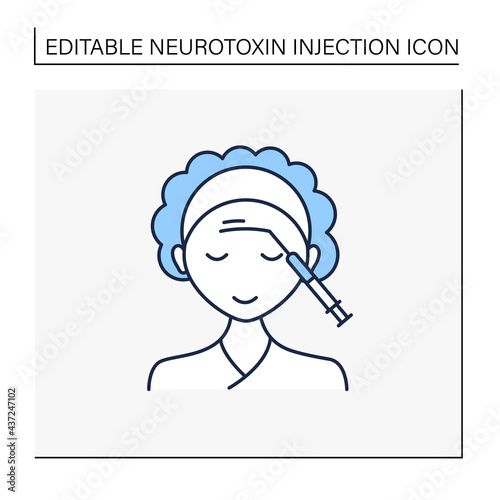 Cosmetic injection line icon.Woman doing injection in forehead.Surgery.Full syringe. Beauty cosmetic procedure concept.Isolated vector illustration.Editable stroke