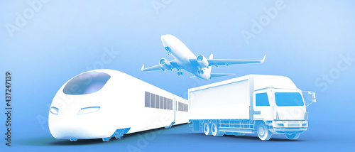 Logistics and transportation industry of truck, plane, train, for logistic Import export and transport industry on Blue background. copy space, banner, website - illustration