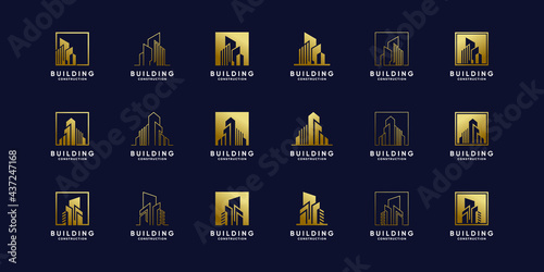 Set of building logo design for construction in golden gradient style color