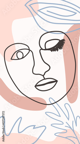 Woman's Face Minimal Line Style. Abstract Contemporary collage of geometric shapes in a modern trendy style.