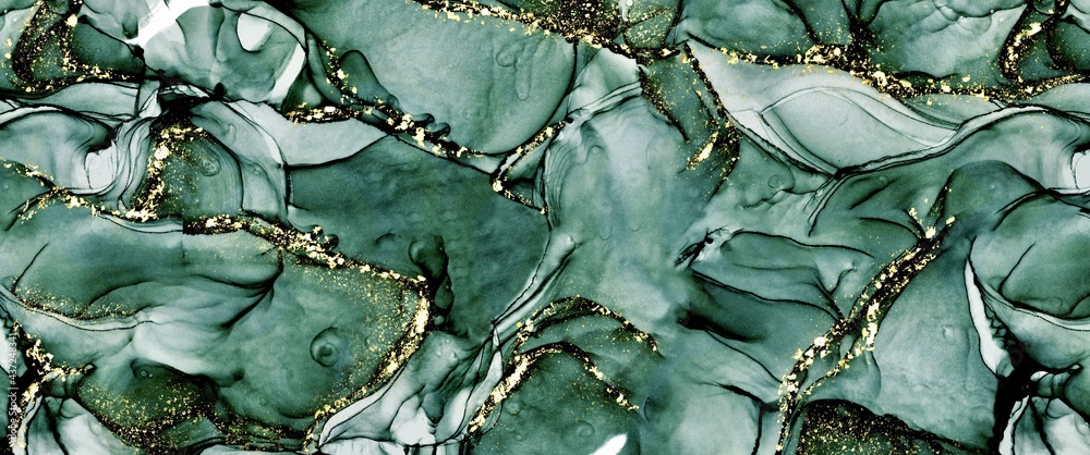 Obraz premium Abstract green alcohol ink background with gold design elements, liquid hand drawn art, reliefs, layered artwork, luxury decoration