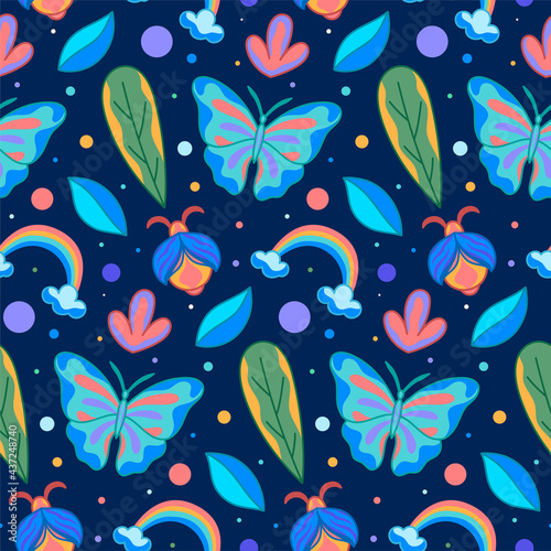 Unique butterfly nature flower vector seamless pattern design. Awesome for spring summer vintage fabric, textile, wallpaper, scrapbooking, gift wrap, accessories, and clothing. Surface pattern design.