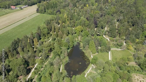 Aerial of beautiful large park with a pond and trails photo